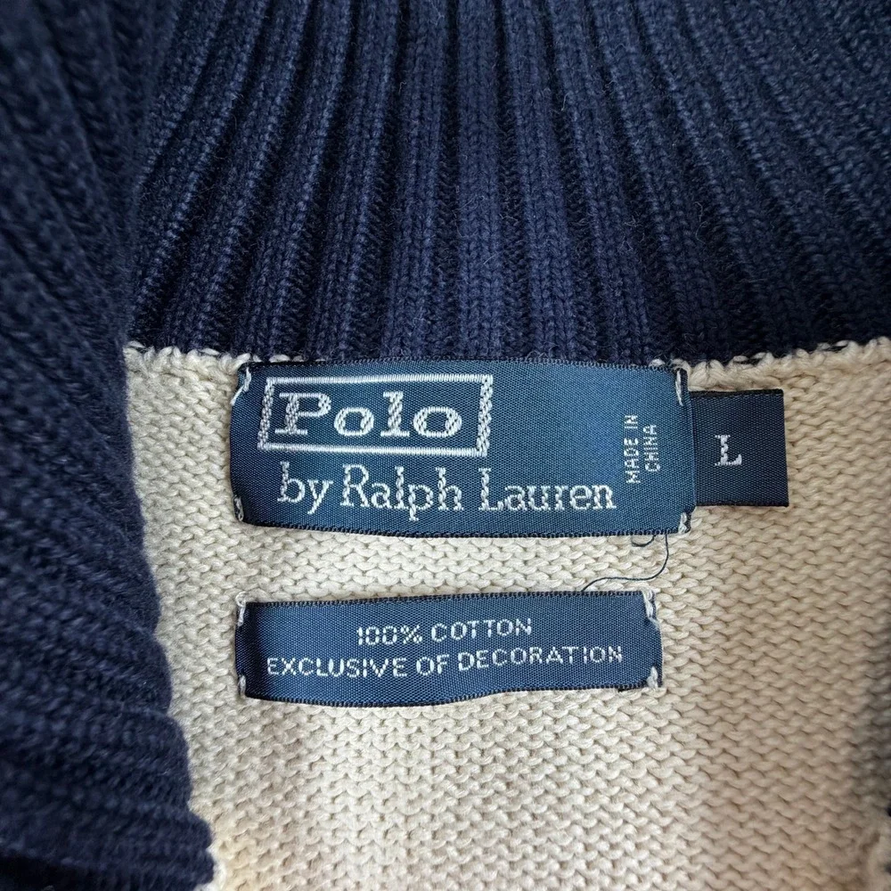 VTG Polo Ralph Lauren Navy Stripe Quarter Zip Pullover Mens Large Cream Sweater